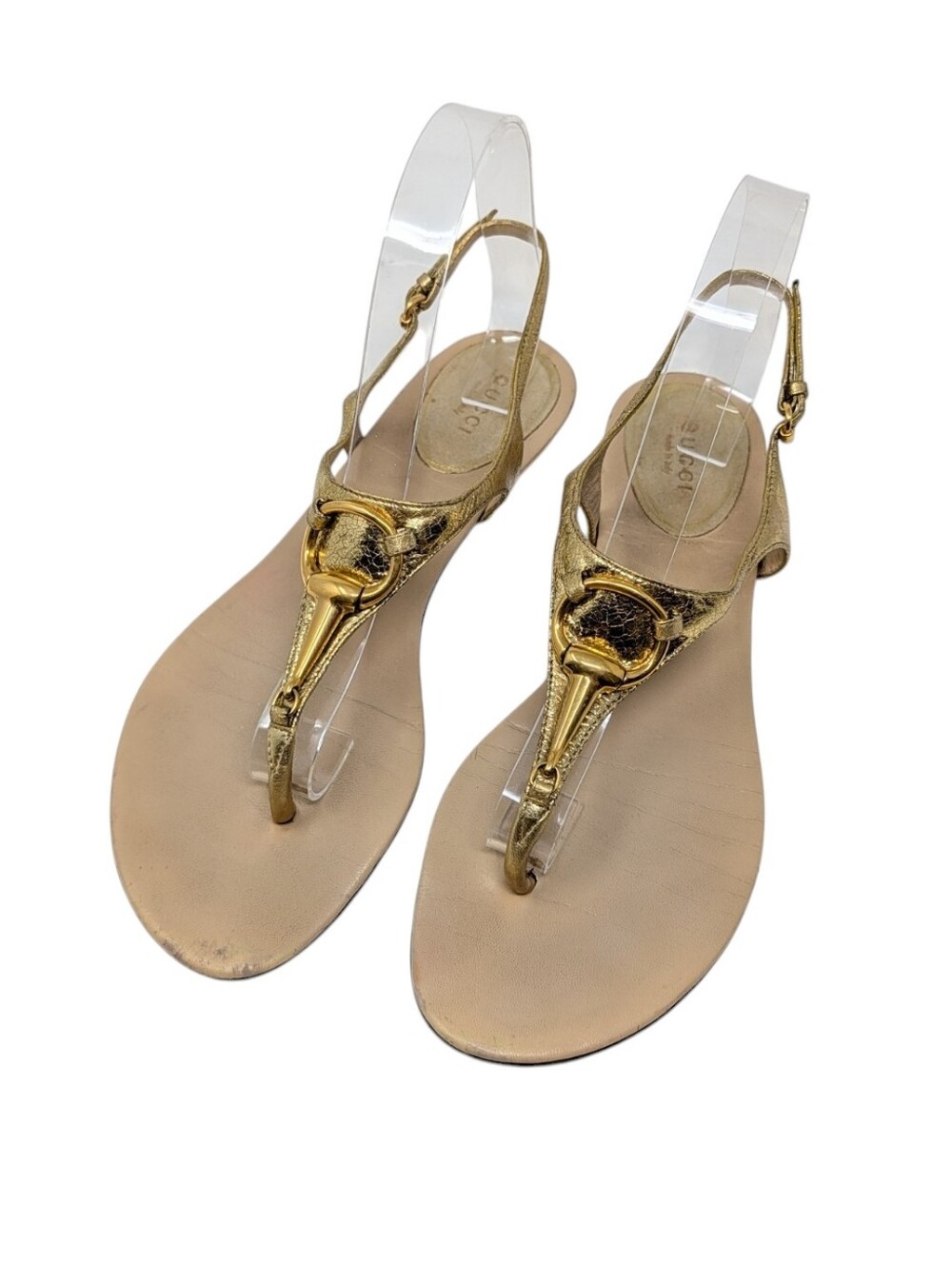 Gucci Metallic Gold Horsebit T-Strap Thong Sandal Size EU 38.5